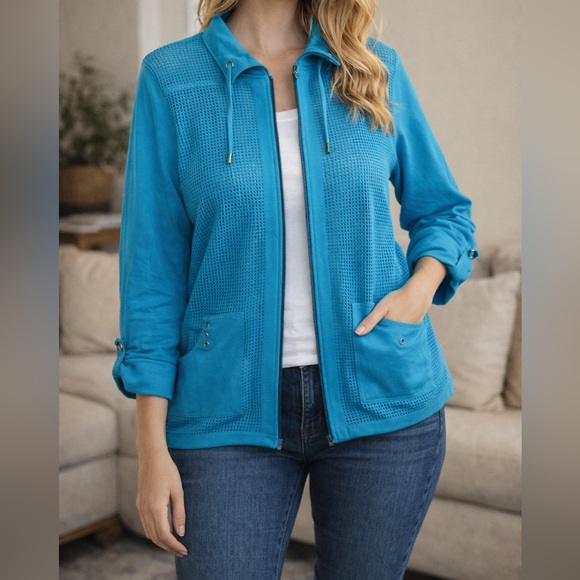 Allison Daley Jackets & Blazers - Allison Daley Blue Semi-Sheer Mesh Zip Jacket | Lightweight Mock Neck XL